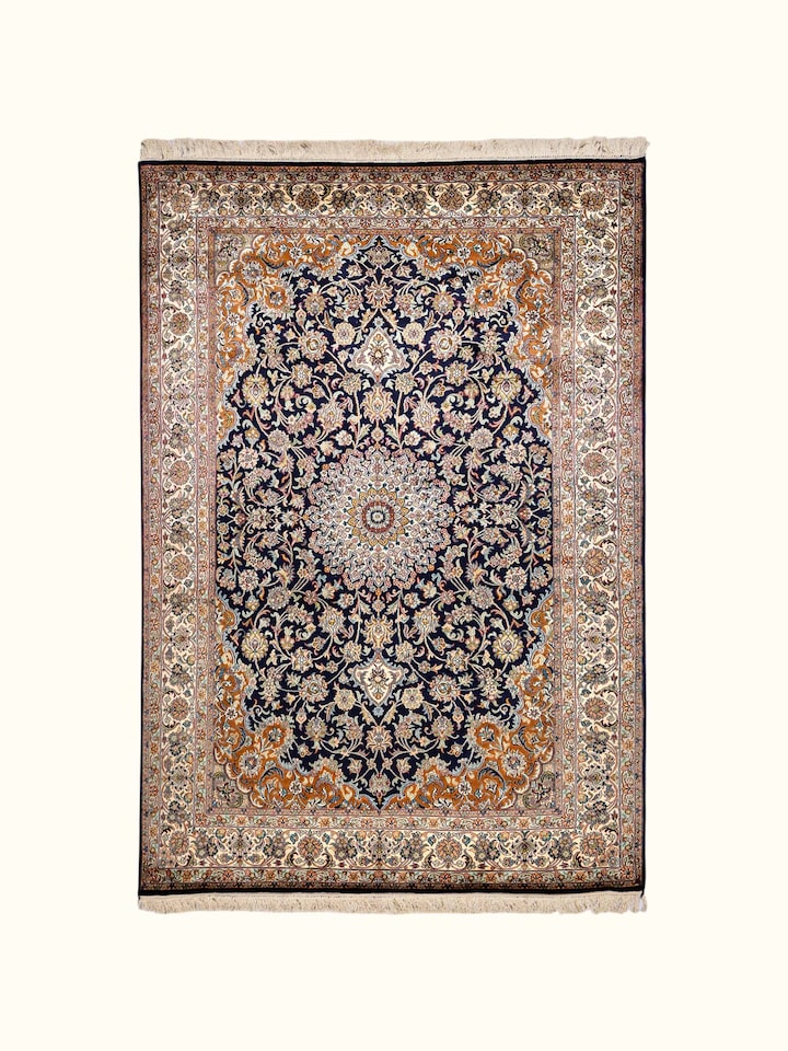 Front view of the Swadesh Traditional Persian Navy Rust Kashan Kashmir Silk Hand-Knotted Carpet