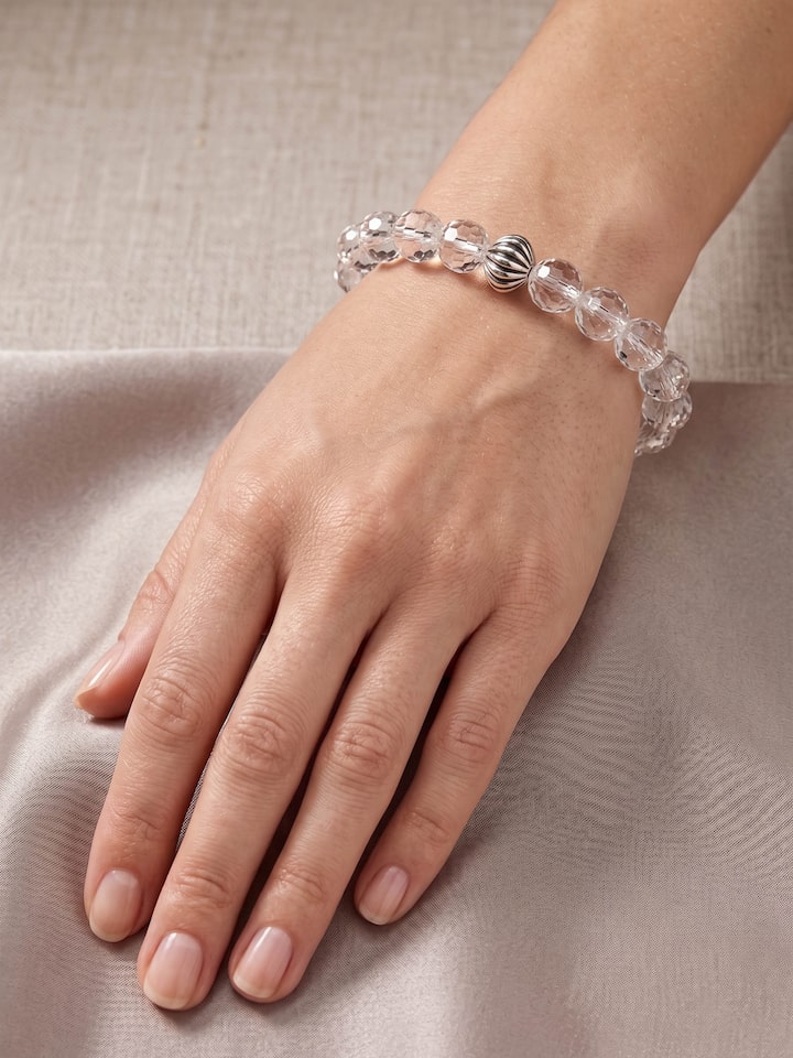 Styled view of Gemstone Sphatik Bead Silver Bracelet worn on the wrist, showing how it looks styled