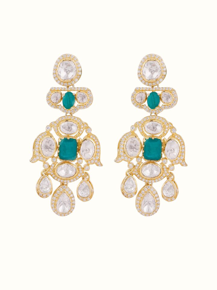 Worn view of Dank Polki silver drop earrings