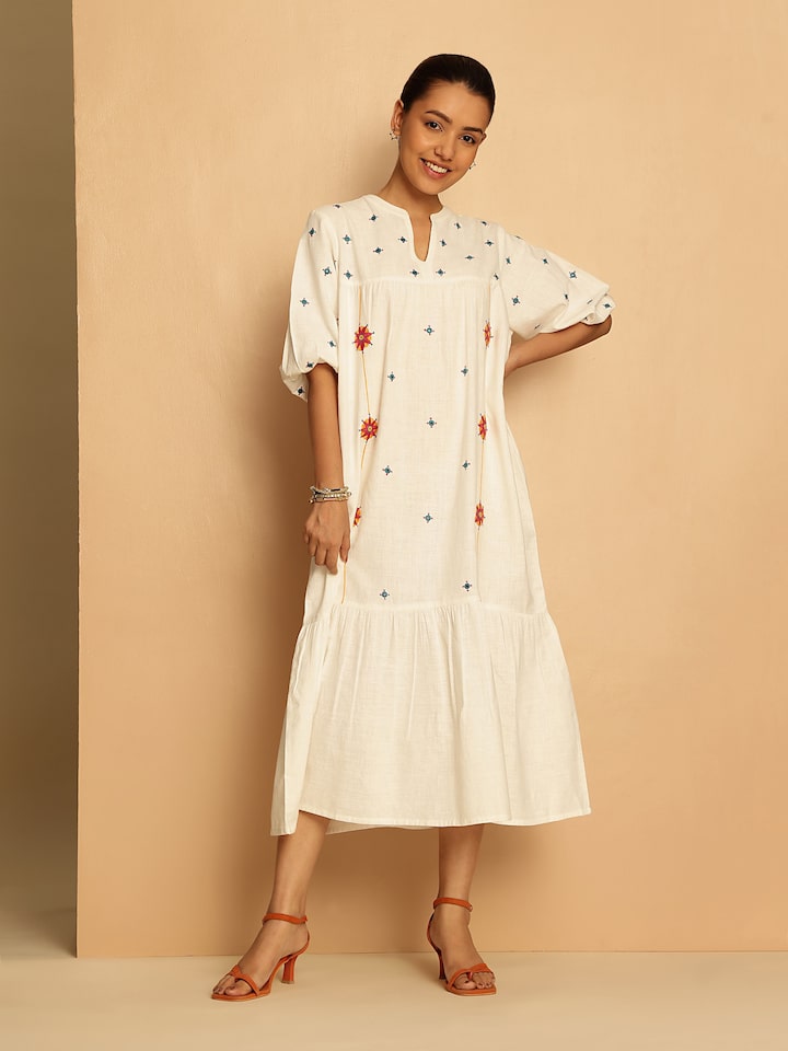 Off-white Long Cotton Desert Embroidered Dress