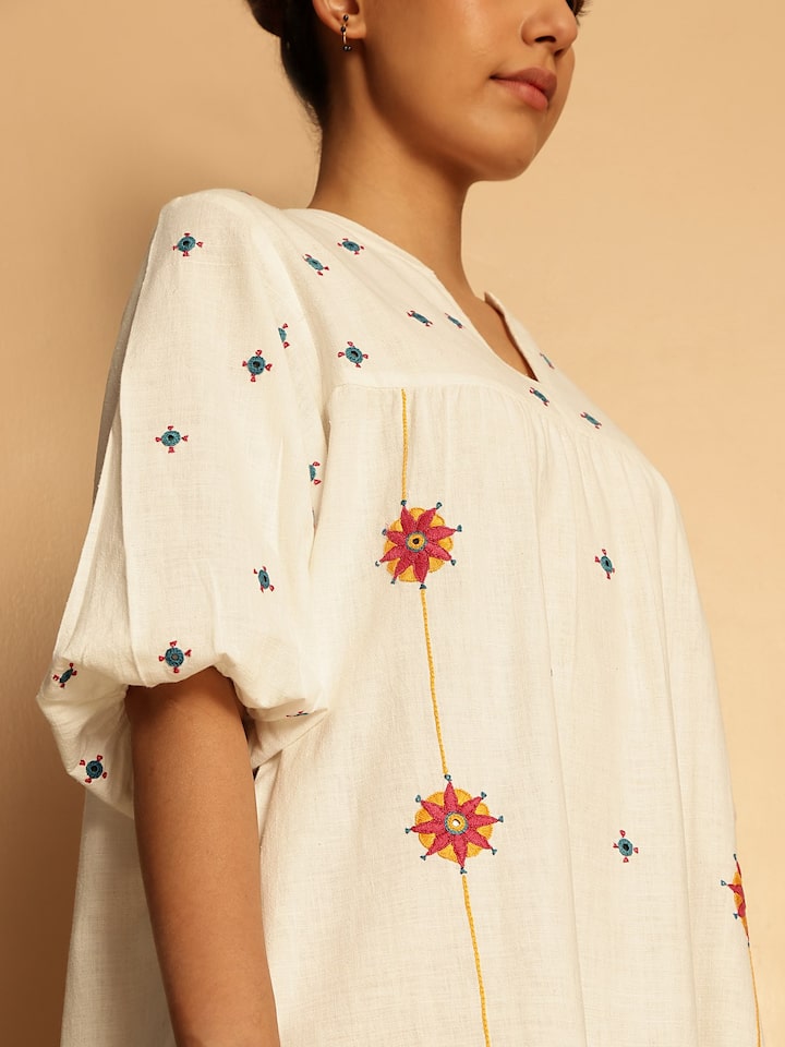 Off-white Long Cotton Desert Embroidered Dress