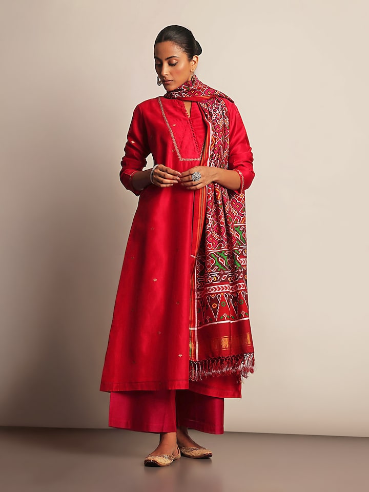 Red Cotton Silk Chanderi A-Line Kurta