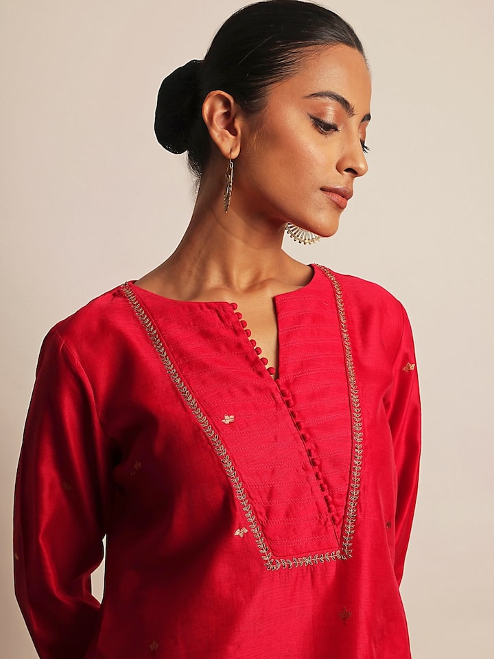 Red Cotton Silk Chanderi A-Line Kurta