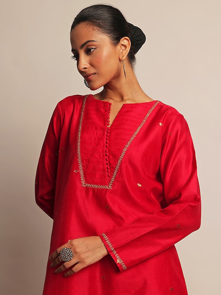 Red Cotton Silk Chanderi A-Line Kurta