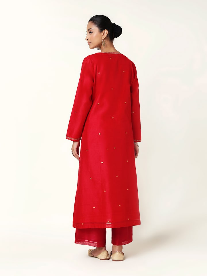 Red Cotton Silk Chanderi A-Line Kurta