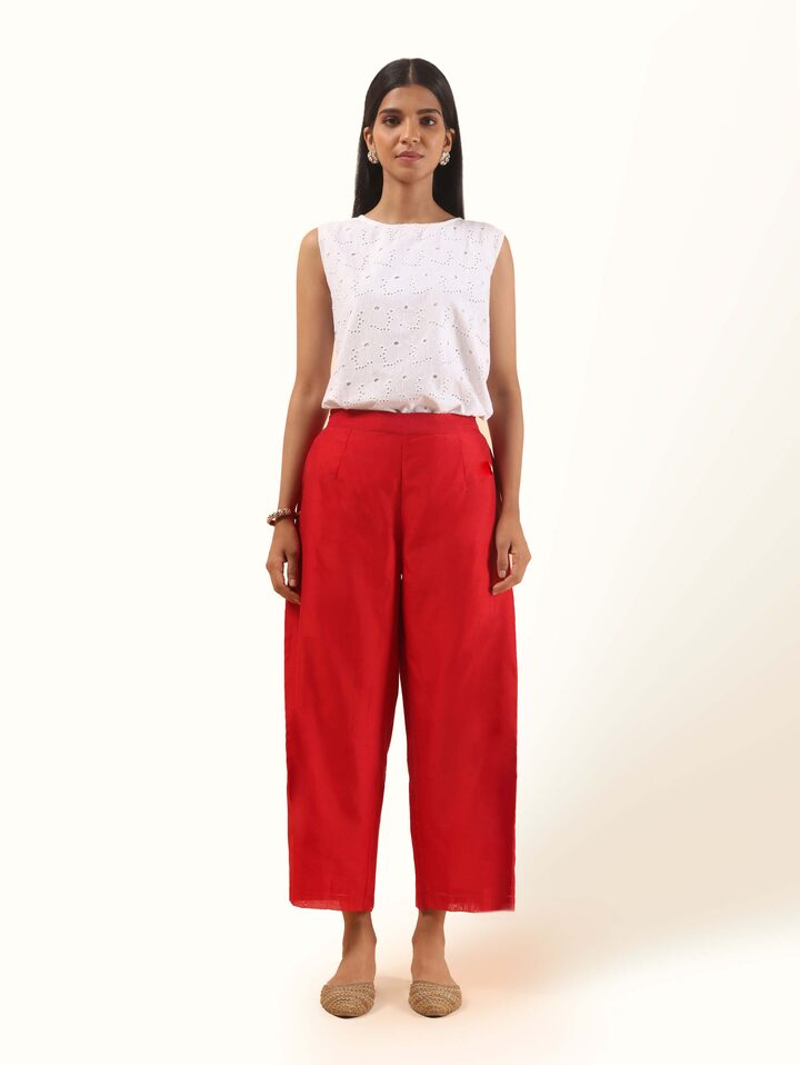 Front view of red cotton silk Chanderi palazzo featuring a subtle sheen and tailored fit