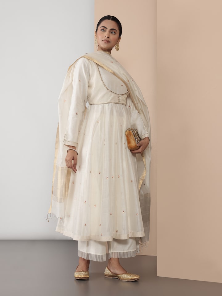 Lifestyle view of cotton silk Chanderi Anarkali kurta worn by model showing graceful drape and fabric flow.