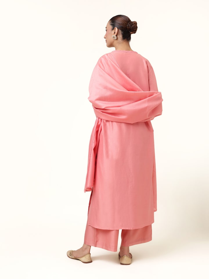 Back view of pink silk Chikankari kurta set displaying overall design.