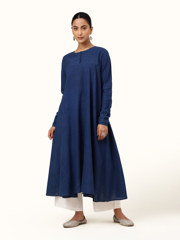 Front view of indigo cotton Anarkali kurta with flared silhouette and delicate buti print