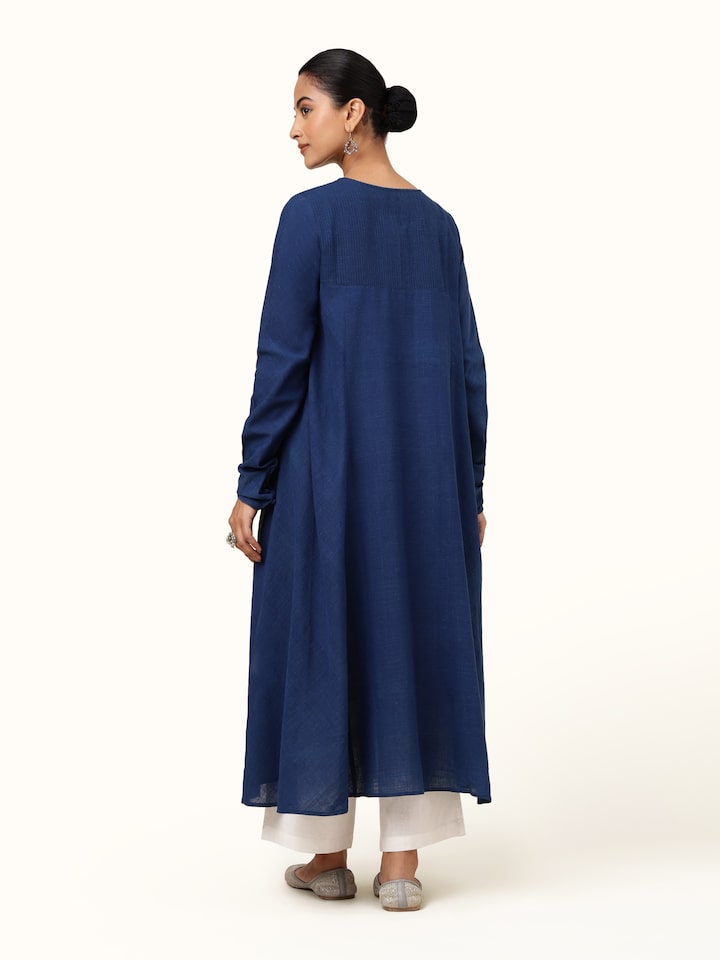 Back view of indigo cotton Anarkali kurta featuring clean finish and subtle detailing