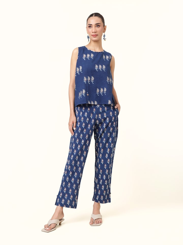 Front view of sleeveless blue cotton Dabu block printed top, featuring hand-block patterns and summer-friendly style.