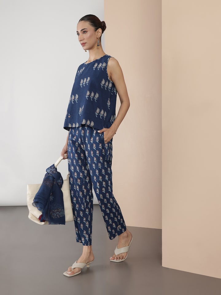 Lifestyle image highlighting the indigo blue shade and relaxed cotton fabric.