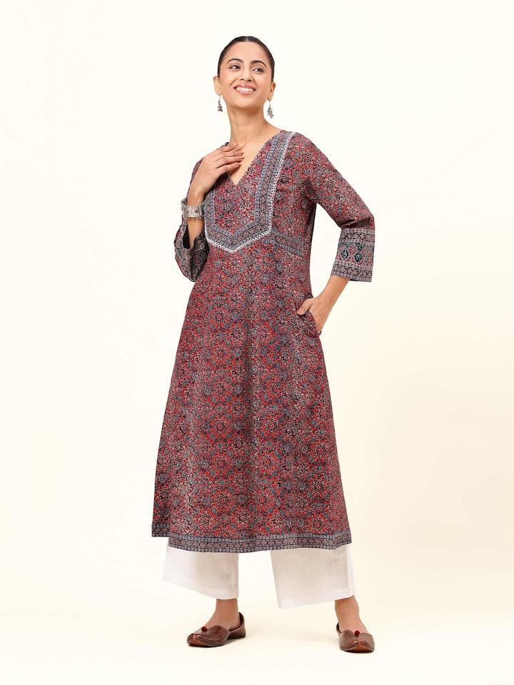 Front view of blue cotton A-line kurta with Ajrakh block print and round neckline