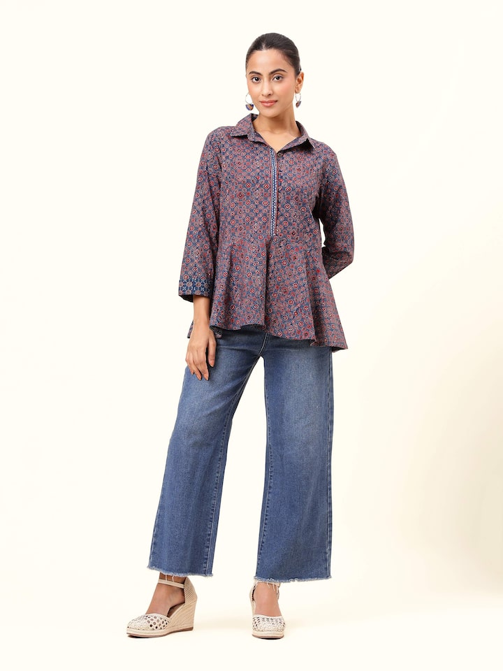 Front view of blue cotton Ajrakh block printed peplum top with round neck