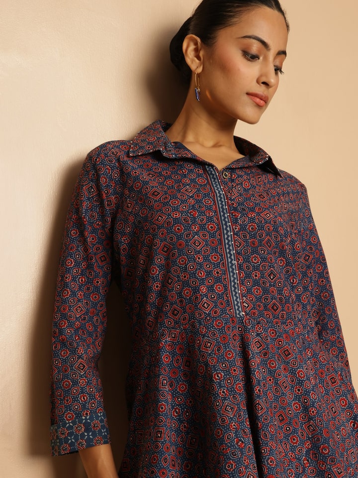 Alternate lifestyle view of Ajrakh cotton peplum top styled for casual look