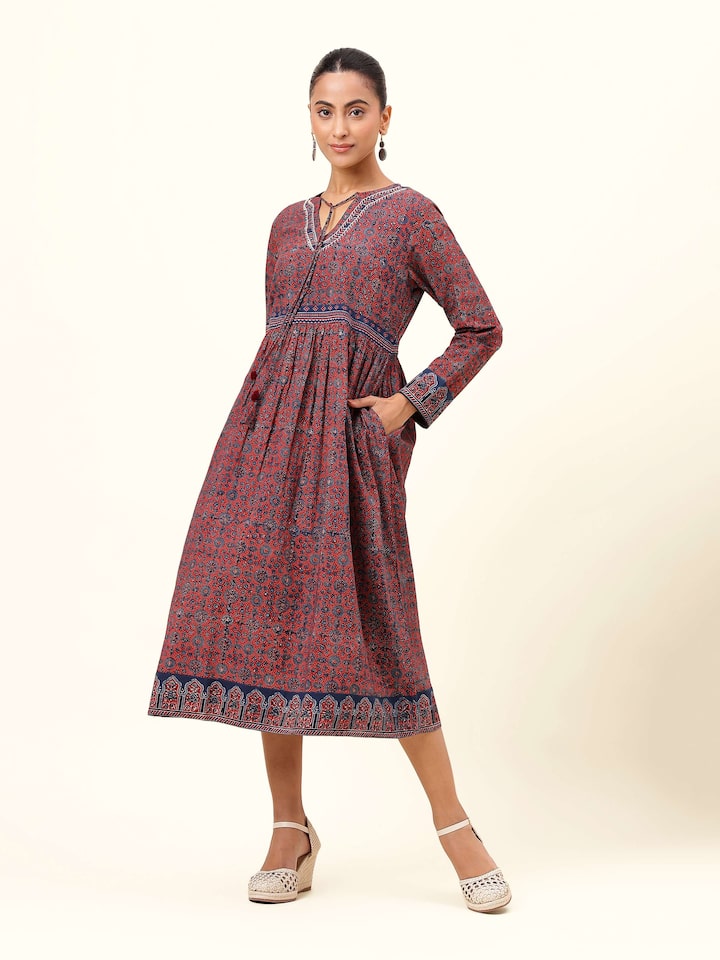 Blue cotton Ajrakh block printed tie-up midi dress front view showing V-neckline, tie-up waist, and Ajrakh print