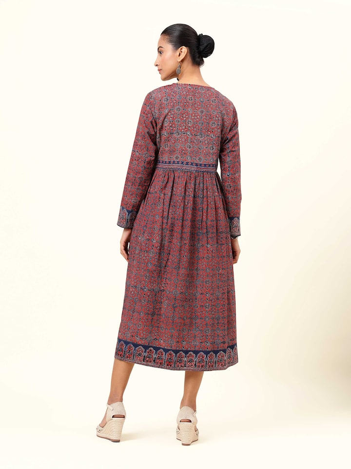 Blue cotton Ajrakh block printed tie-up midi dress back view showing tie detail and print continuity