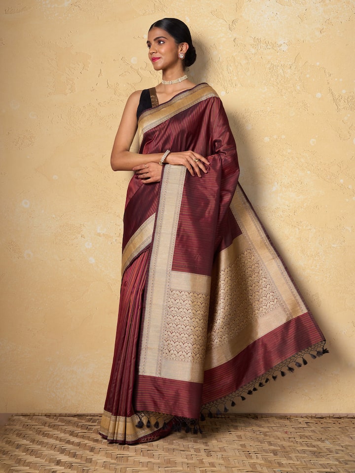 Wine Mulberry Katan Silk Banarasi Saree