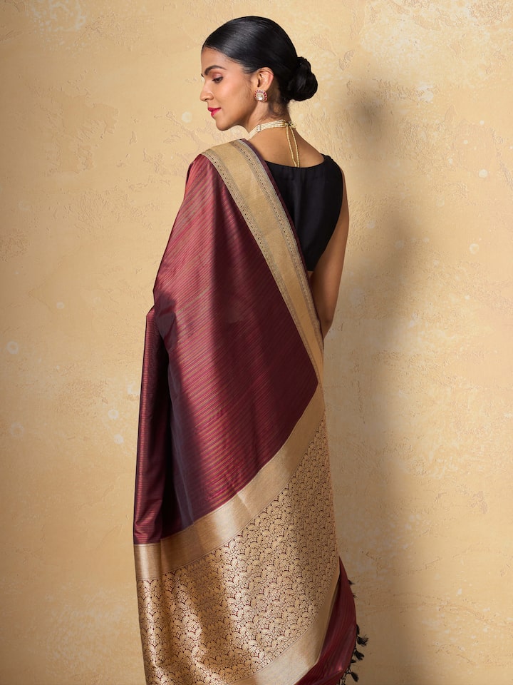 Wine Mulberry Katan Silk Banarasi Saree