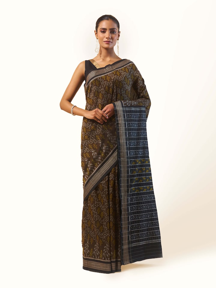 Front view of Brown Cotton Bandha Odisha Ikat Saree featuring earthy brown hues with traditional Bandha Ikat patterns