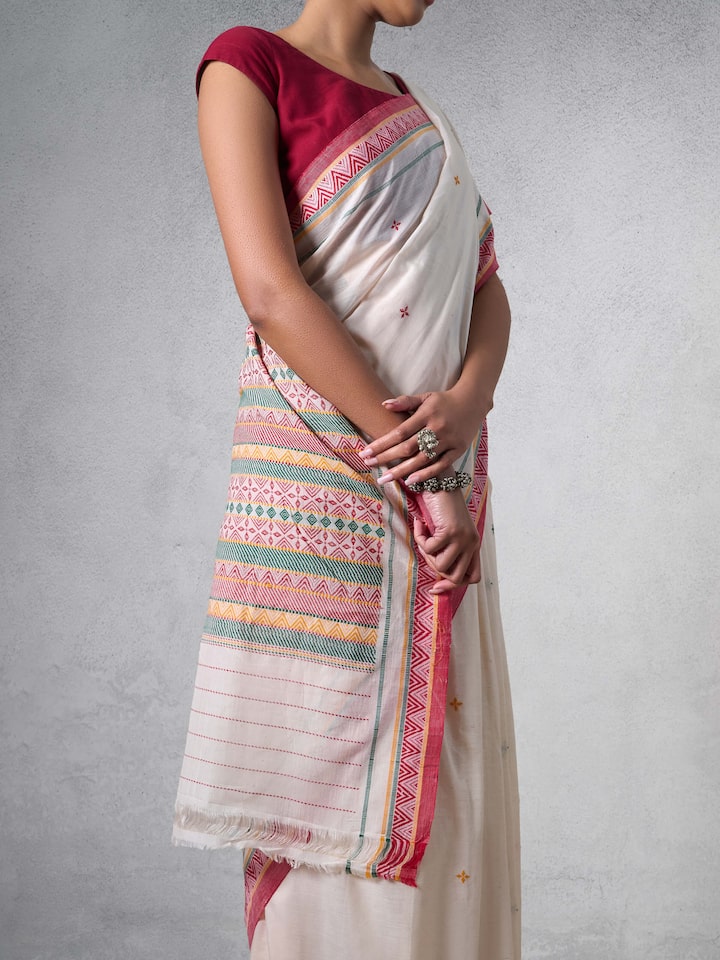 Detail shot of Off-white Cotton Dongaria Saree focusing on texture and weave pattern