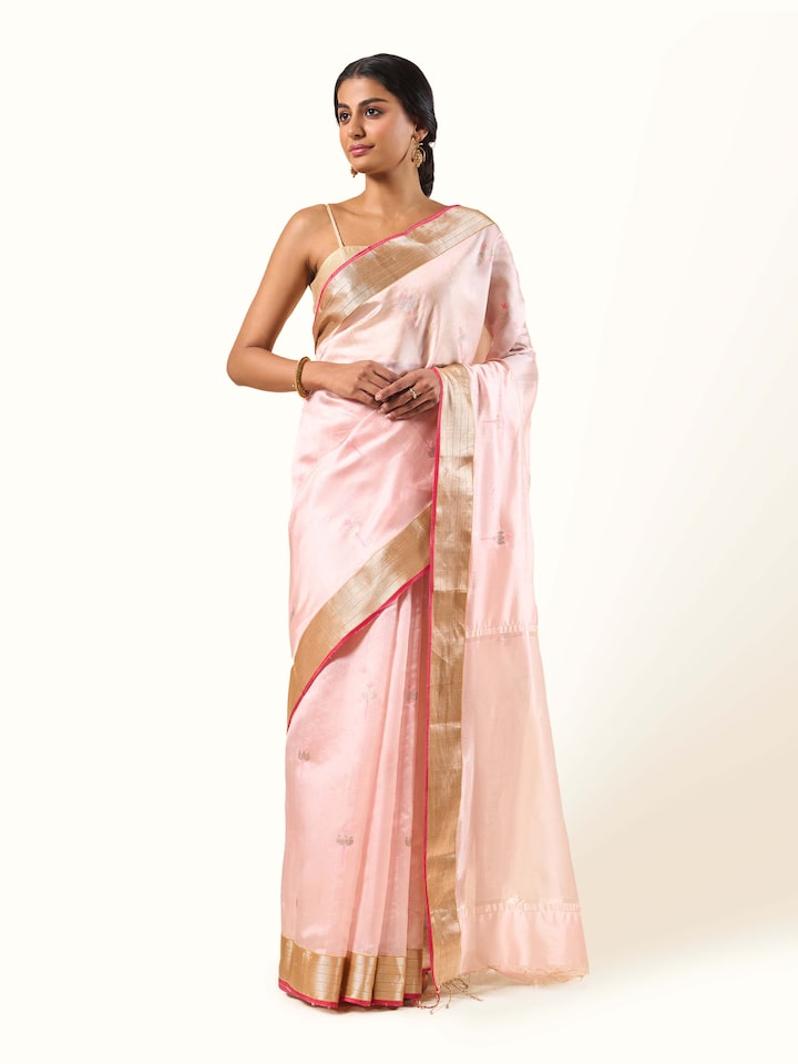 Front view of the pink cotton silk Chanderi saree, featuring a soft sheen and delicate texture.