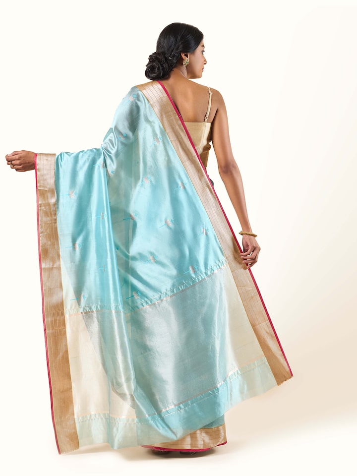 Back view of sea blue cotton silk Chanderi saree with flowing pallu and traditional craftsmanship.