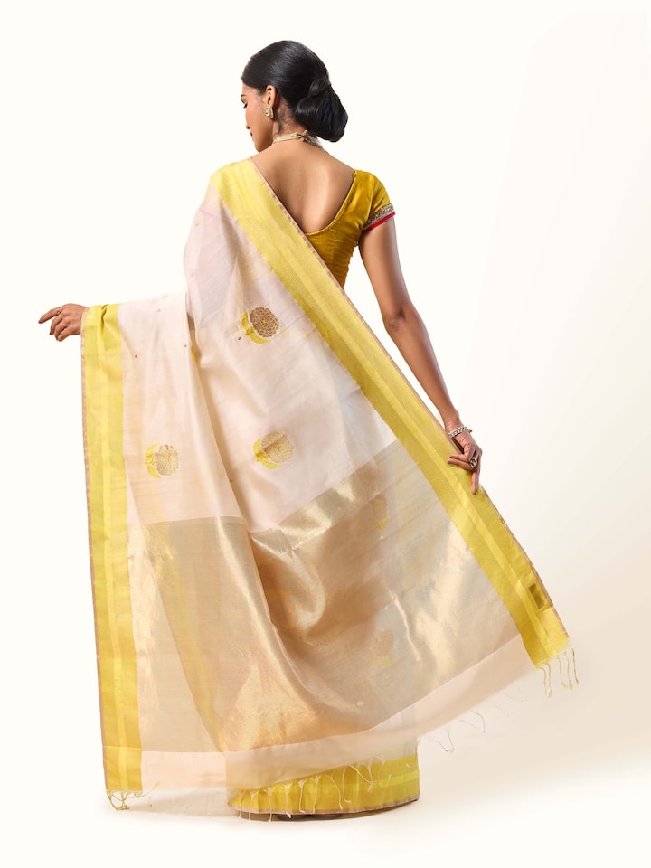 Off-white mulberry silk Chanderi saree back view showing pallu and overall design