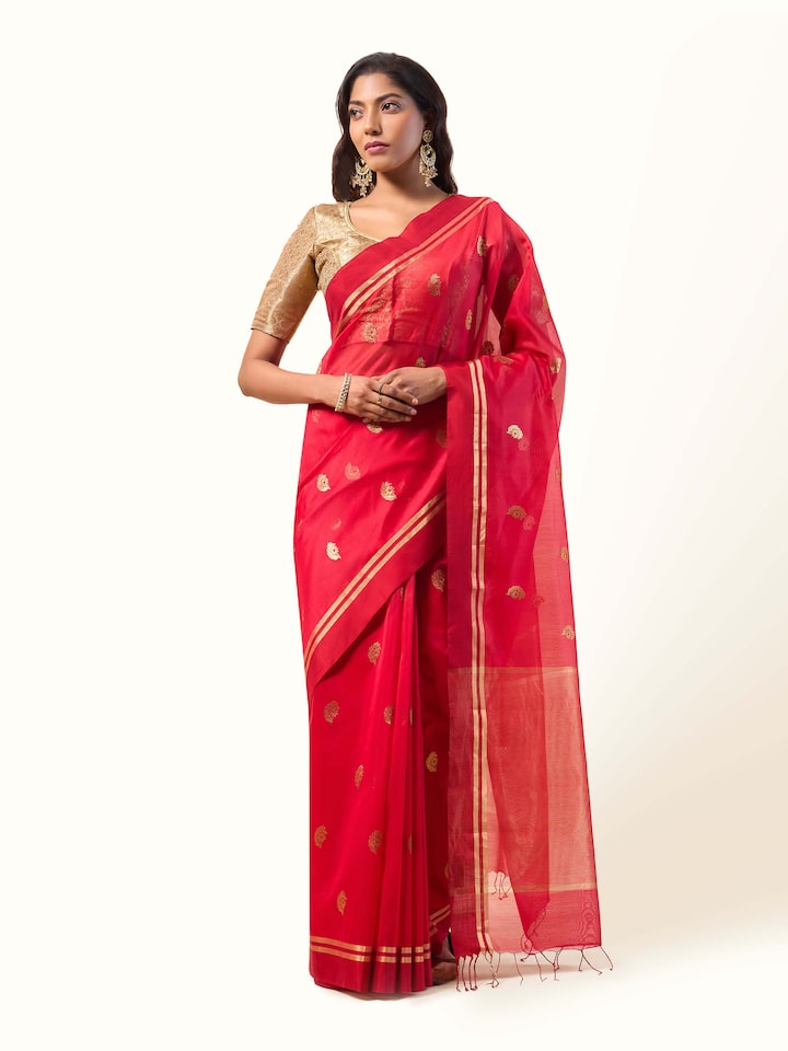 Front view of red Mulberry silk cotton Chanderi saree with traditional weave.