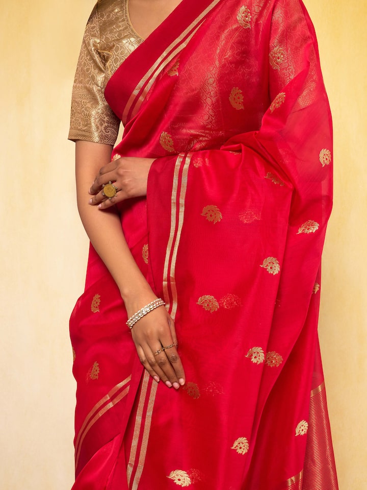 Draped side view highlighting the delicate Chanderi craftsmanship.