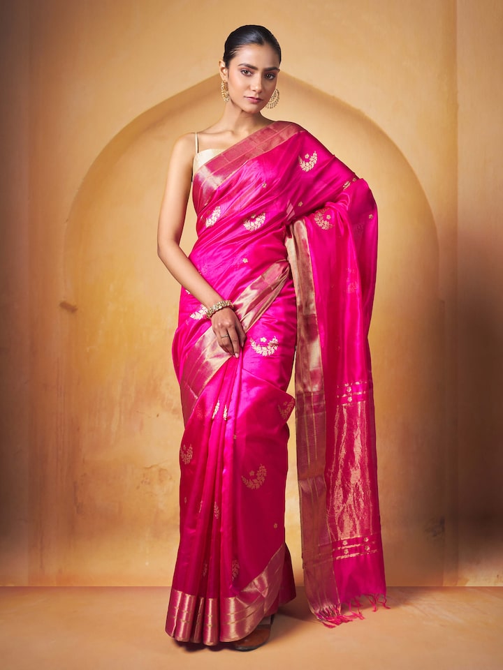 Side view of Mulberry Silk Chanderi Saree highlighting its delicate silk fabric and design details