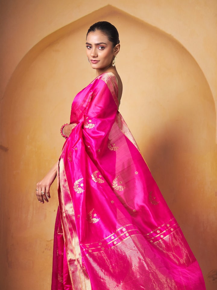 Angle view of Mulberry Silk Chanderi Saree emphasizing its craftsmanship and luxurious texture
