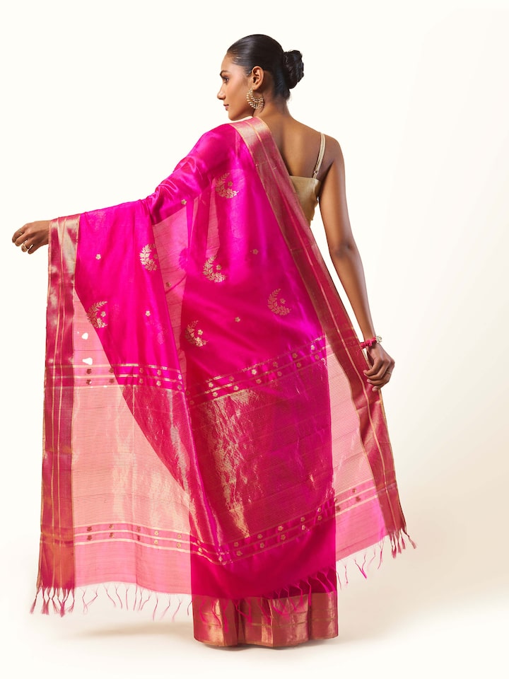 Bottom view of Mulberry Silk Chanderi Saree highlighting its intricate patterns and luxurious silk fabric