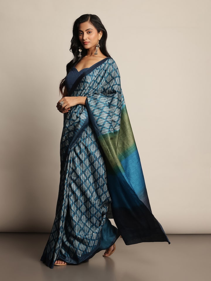 Teal Tussar Silk Discharge Block Printed Saree
