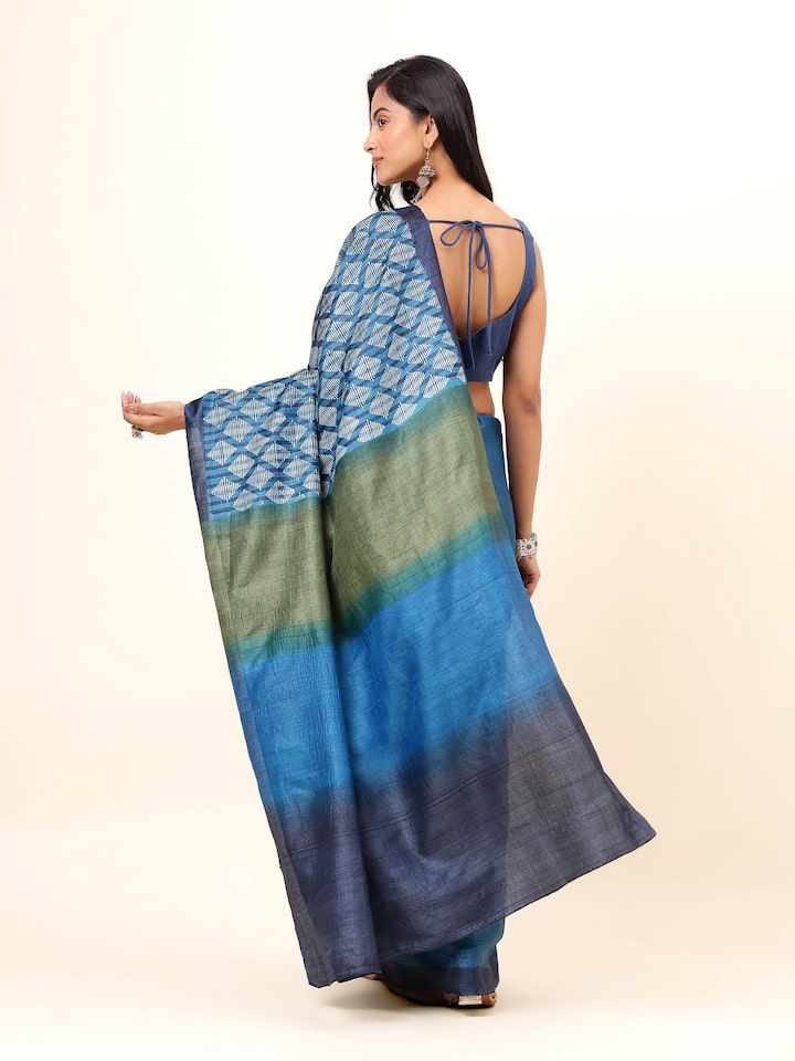 Teal Tussar Silk Discharge Block Printed Saree