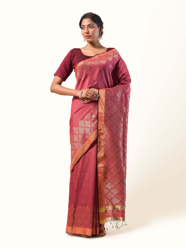 Front view of Maroon Eri Silk Extra-weft Saree featuring rich maroon eri silk fabric and delicate extra-weft design.
