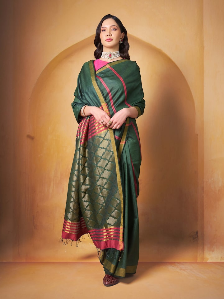 Lifestyle shot of Green Eri Silk Extra-weft Saree draped gracefully