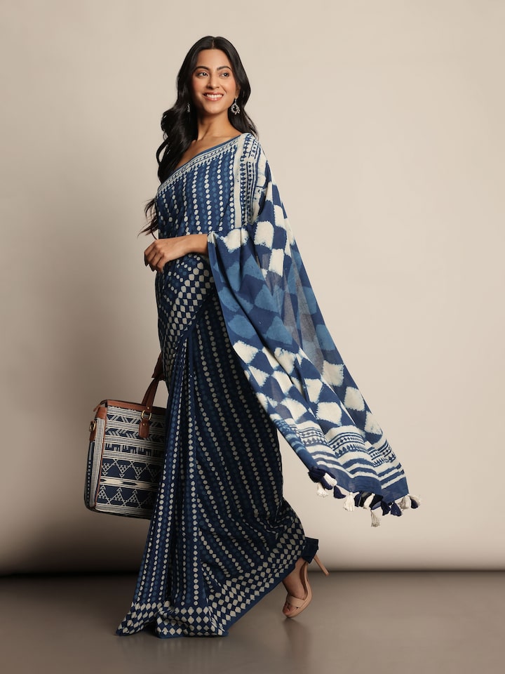 Lifestyle view of Indigo Cotton Dabu Block Printed Saree worn casually, showcasing soft cotton fabric and artisanal print.