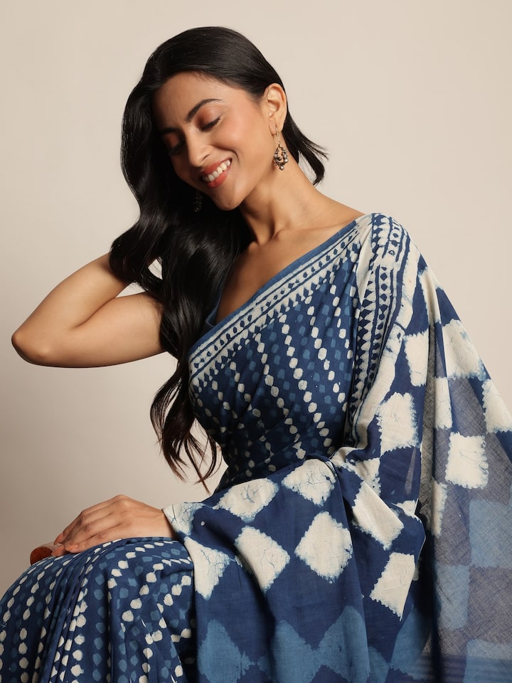 Angled view of Indigo Cotton Dabu Block Printed Saree highlighting detailed Dabu block print motifs.