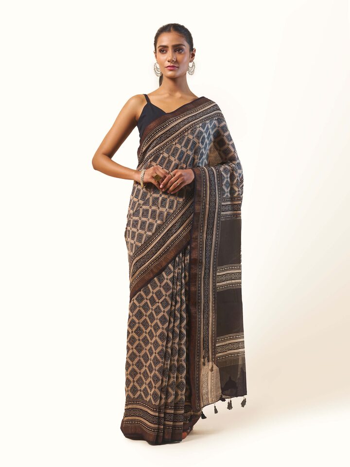 Front view of Black Maheshwari Ajrakh Block Printed Saree showing the full drape and pallu design