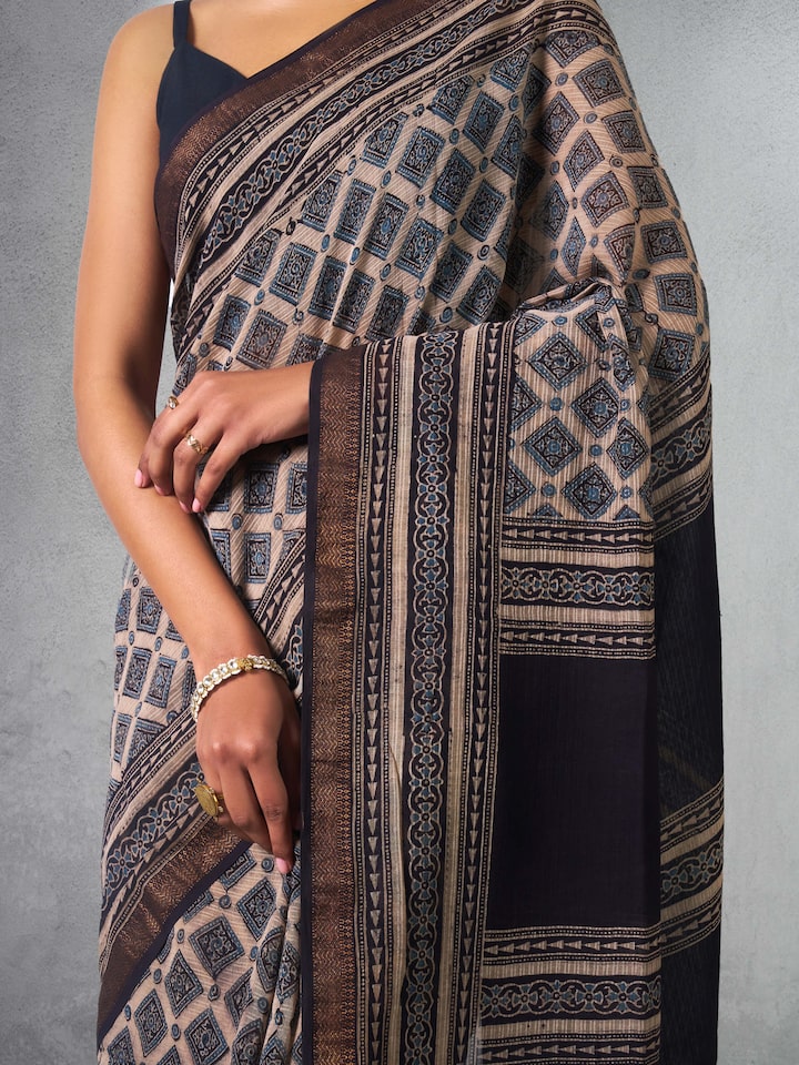Detail view of Black Maheshwari Ajrakh Block Printed Saree highlighting fine craftsmanship detail