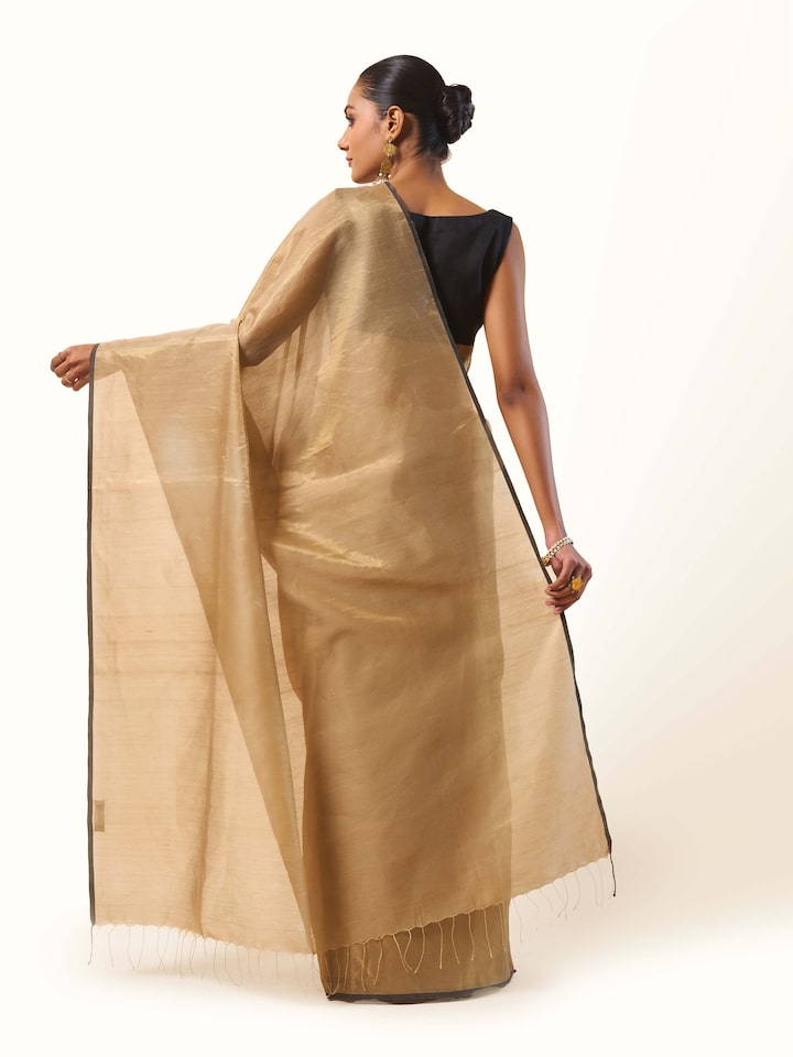 Beige & Black Border Gossamer & Cotton Silk Saree