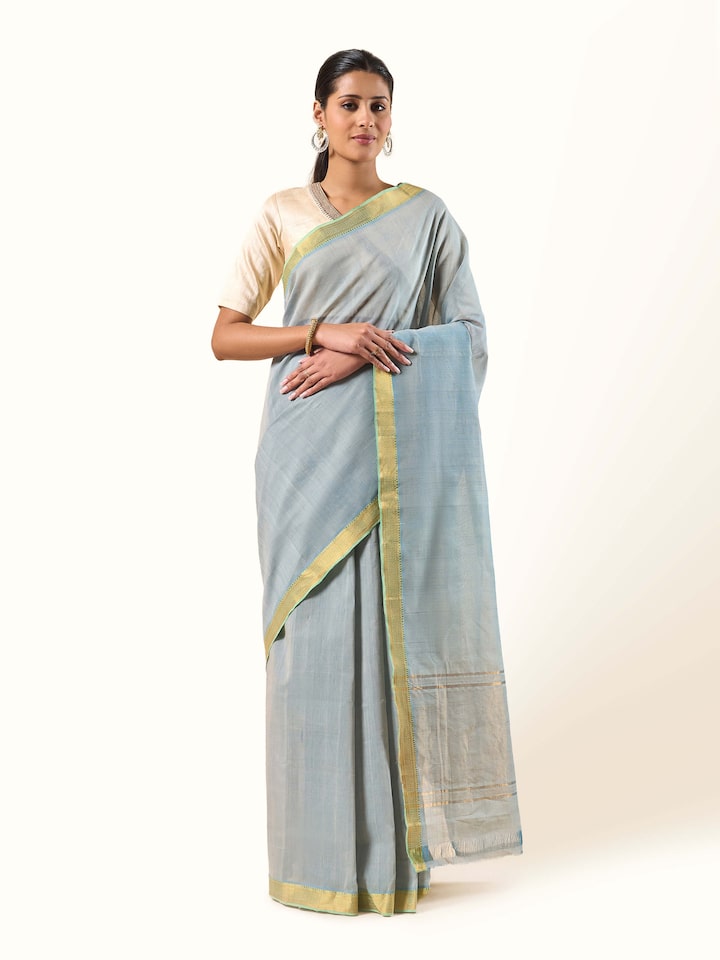 Front view of Light Blue Cotton Mangalgiri Saree displaying soft cotton fabric and pastel hue.