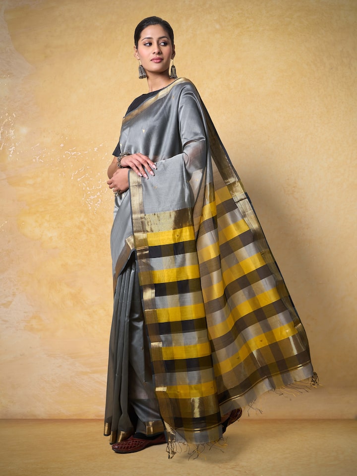 Grey Cotton Silk Maheshwari Saree