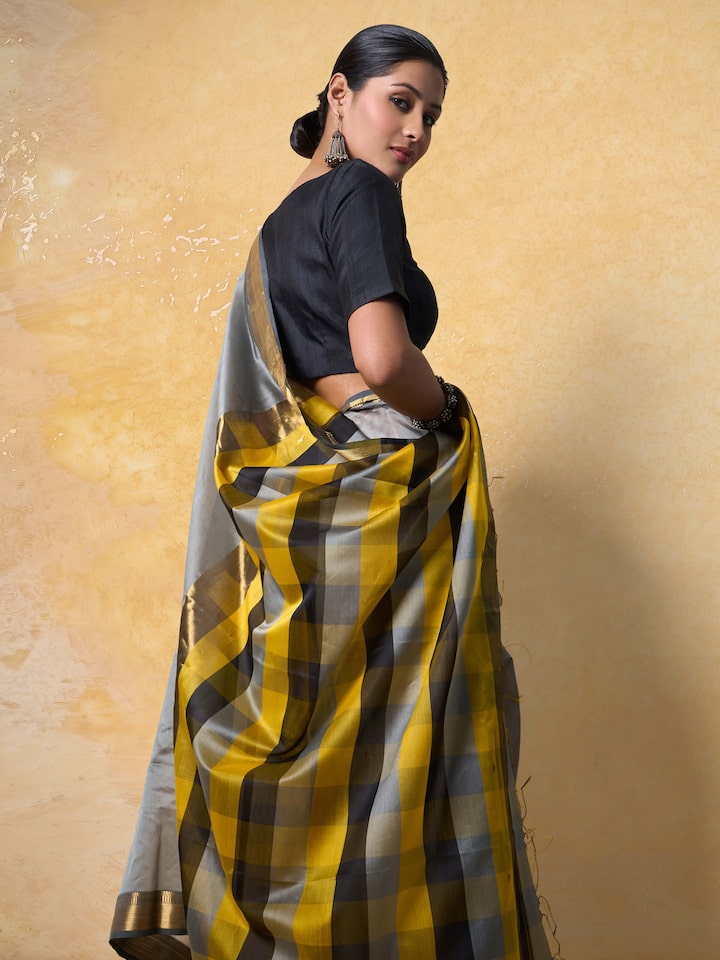 Grey Cotton Silk Maheshwari Saree