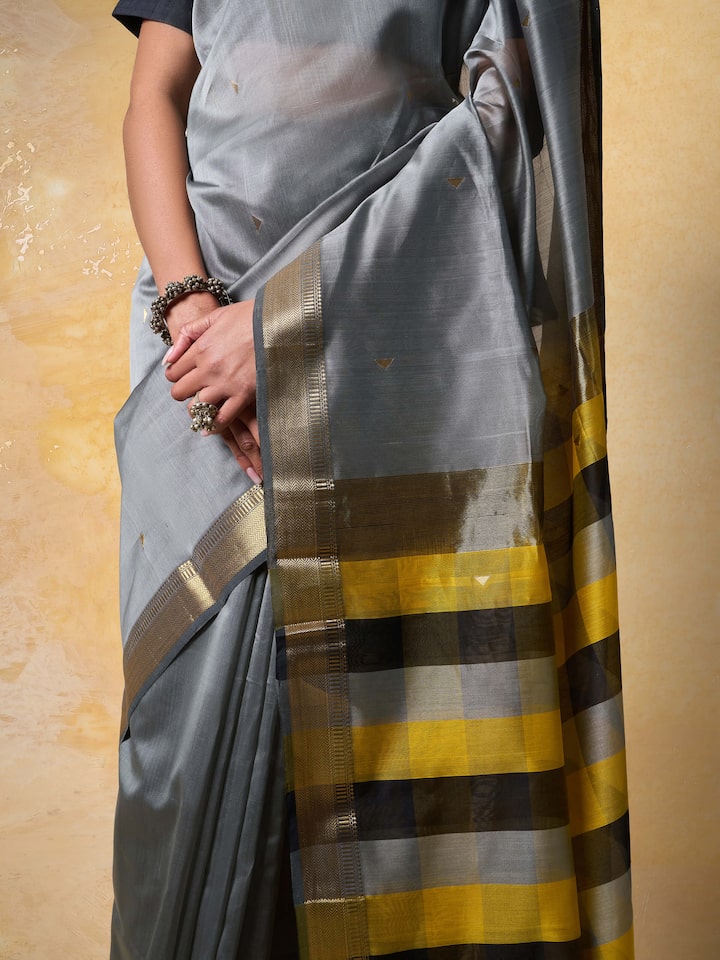 Grey Cotton Silk Maheshwari Saree