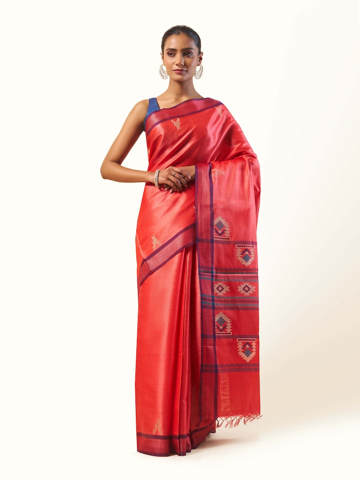 Red Tussar Silk Extra-weft Saree