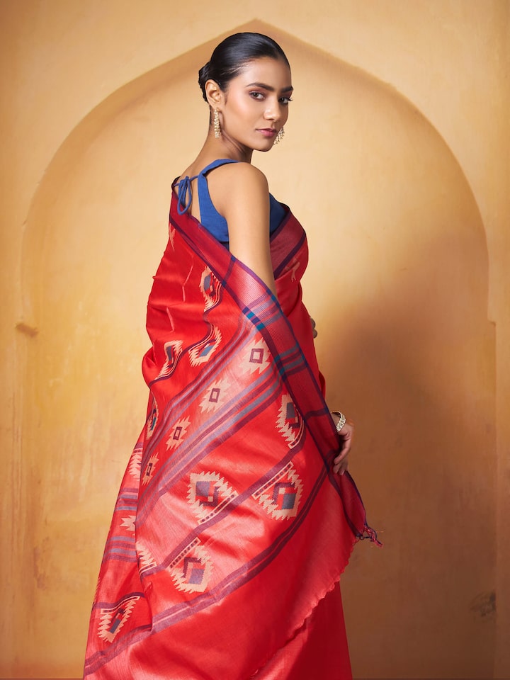 Red Tussar Silk Extra-weft Saree