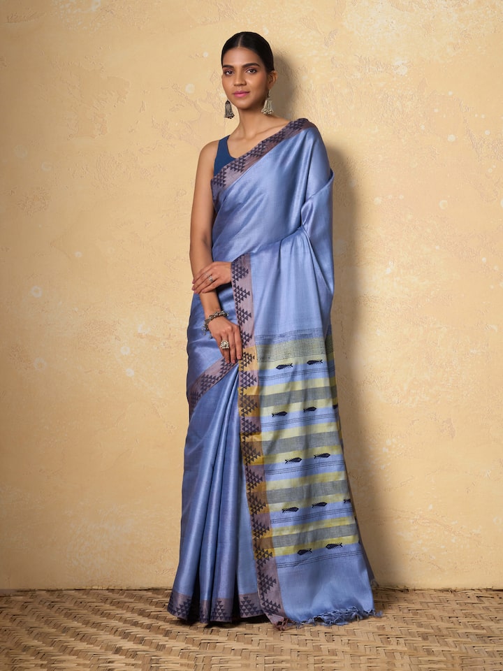 Light Blue Tussar Silk Extra-weft Saree