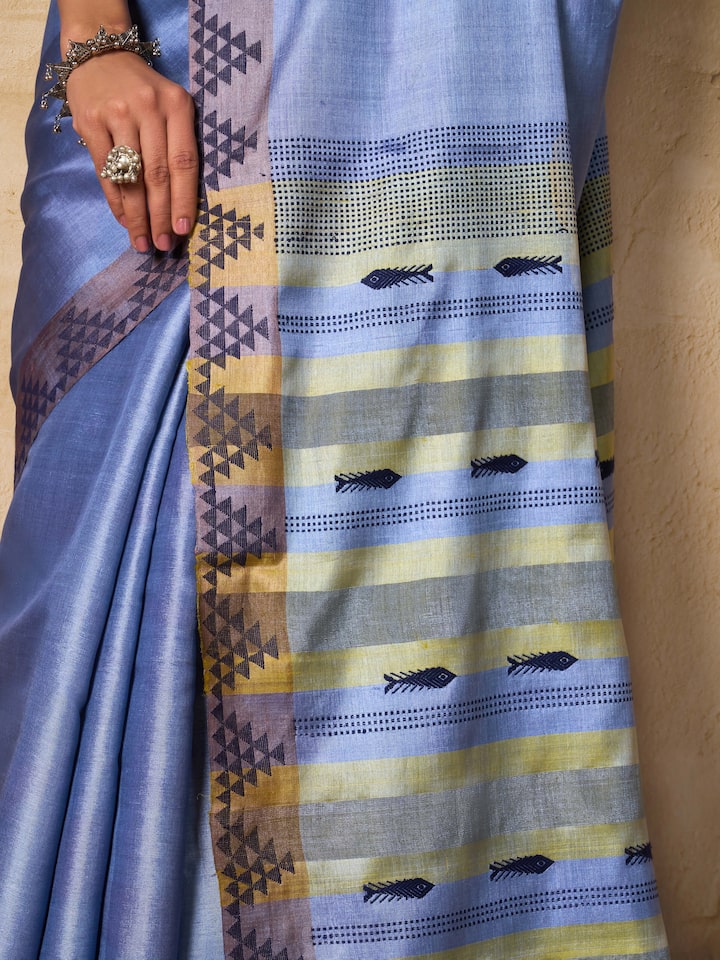 Light Blue Tussar Silk Extra-weft Saree